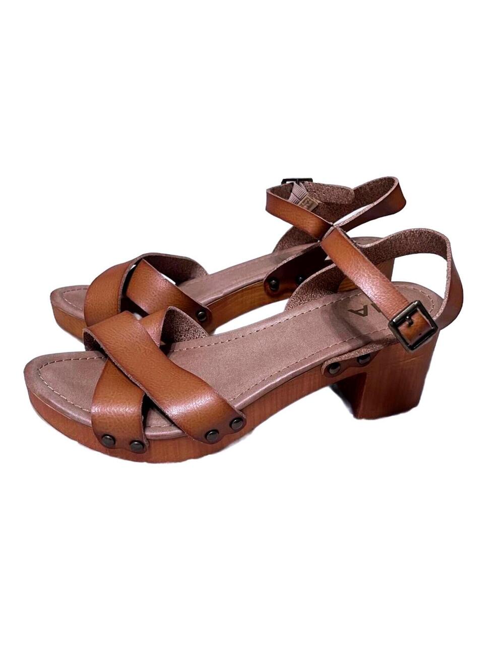 MIA Susan Tan Brown Leather Platform Clog Sandals Retro Wood Block Heel Size 7.5